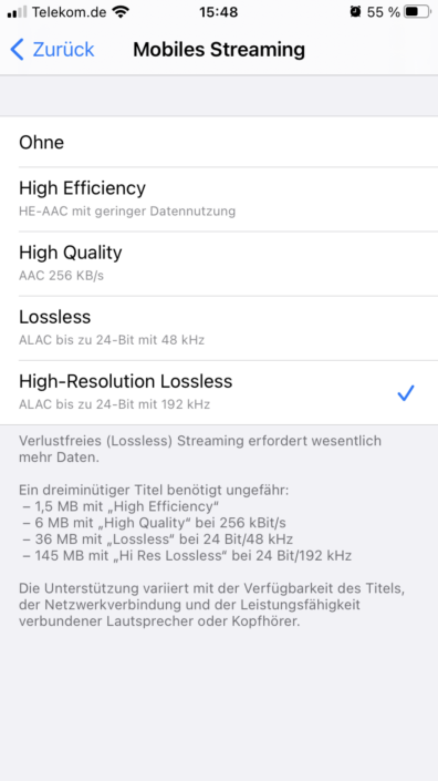Apple Music highres streaming screenshot