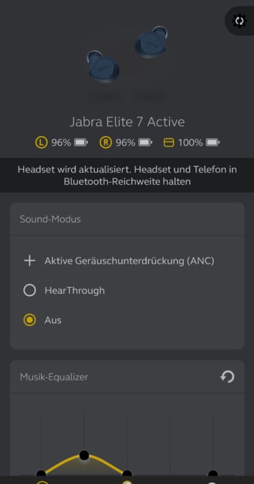 Natürlich zeigt die Sound+ App auch den Akkustand der Jabra Elite 7 Active an.