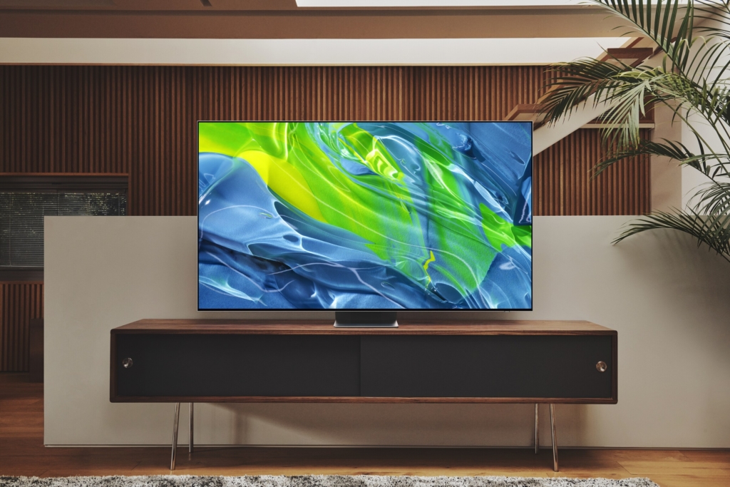 Samsung OLED TV S95B on a sideboard