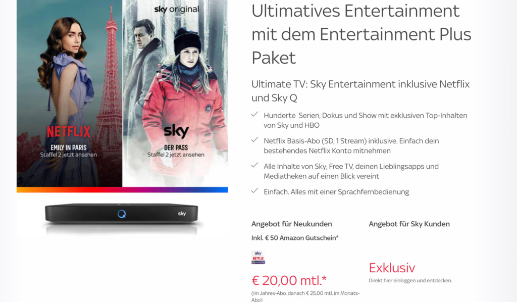 "Sky Ultimate TV" wird nach einer Übergangsphase das Paket Entertainment Plus ersetzen.
