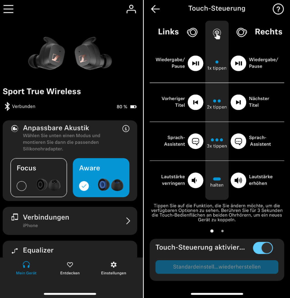 The App der Sennheiser Sport True Wireless