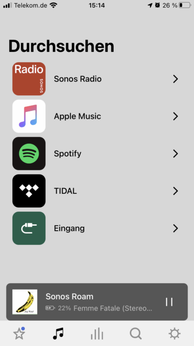 Sonos Beam App Screenshot der intergrierten Streamingsdienste