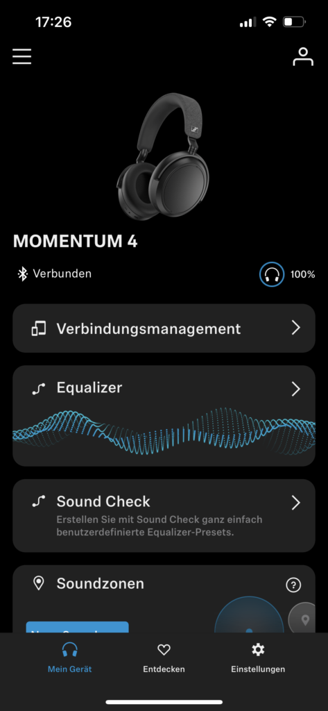 Sennheiser Momentum 4 Wireless App: Startbildschirm
