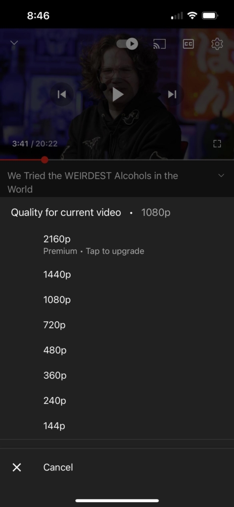 Der Screenshot zeigt, dass YouTube bei einigen Nutzern 4K an das Premium-Abo koppelt. 