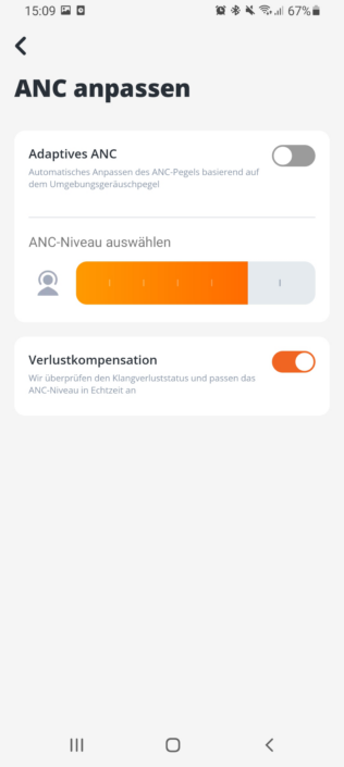 Screenshot aus der JBL Headphones App: Einstellungen für adaptives ANC