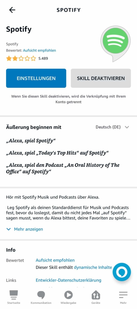 Spotify Konto verbinden als Alexa Skill