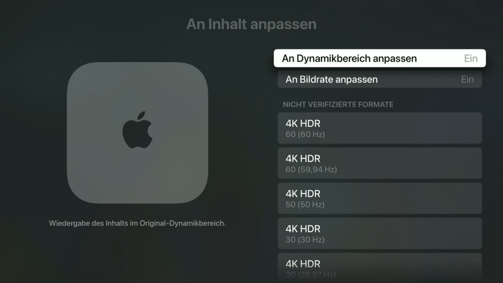 Apple TV 4K tvOS Bildeinstellungen