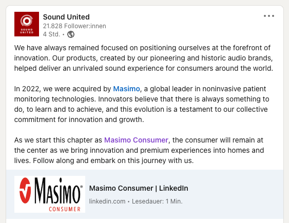 Sound United LinkedIn Screenshot Masimo Consumer