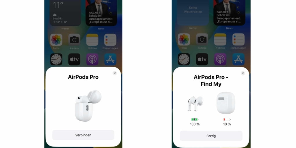 Apple Airpods Pro Akkustand angezeigt wenn case geoeffnet und verbunden