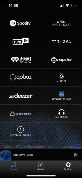 Audio Pro A48 App Screenshot Streamingdienst Auswahl