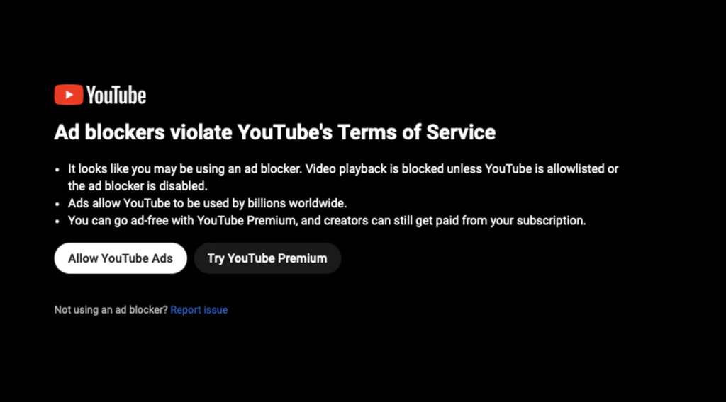 Mit diesem Hinweis warnt YouTube vor der Verwendung von Werbeblockern. 