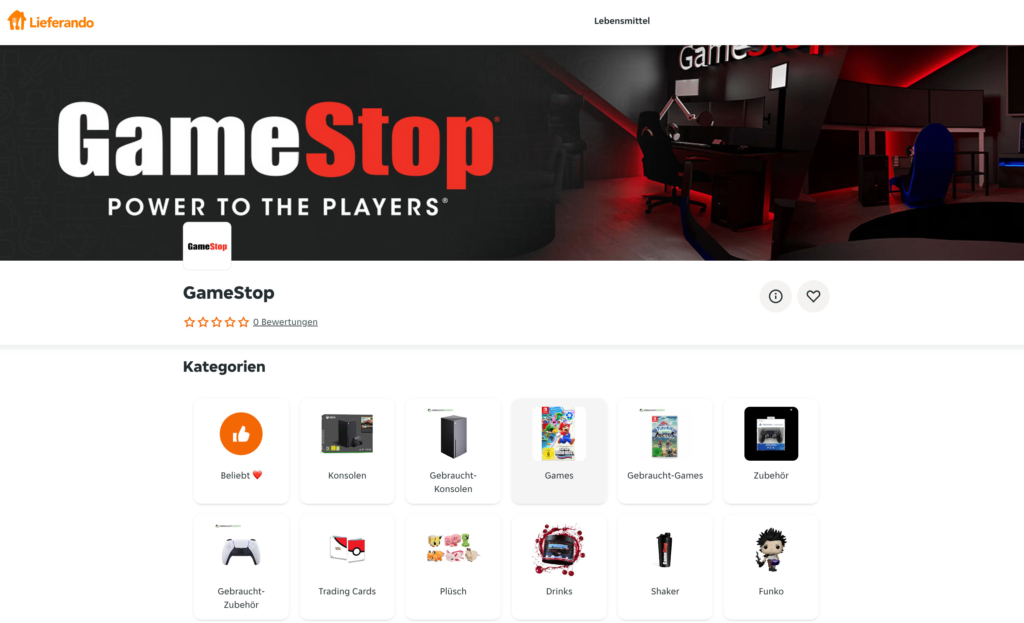 Via Lieferando kannst du dir Spiele, Konsolen und Merchandise von GameStop liefern lassen.