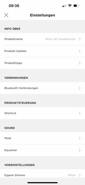 Bose QuietComfort Headphones Test App Menü Screenshot 2