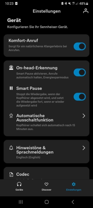 Sennheiser Accentum Plus Wireless Screenshot App Einstellungen