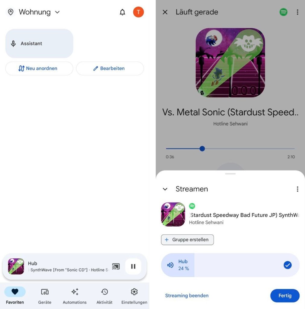 Google Home Wiedergabesteuerung mit Favoriten.