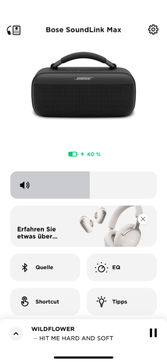 Bose SoundLink Max Test | App Übersichtsseite