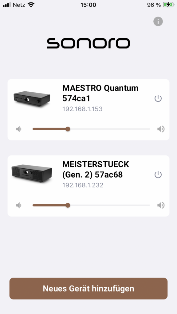 Sonoro Maestro Quantum App Screenshot Gerätewahl