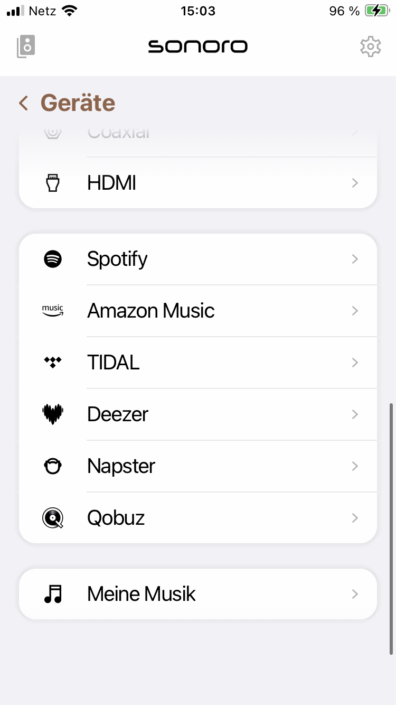 Sonoro Maestro Quantum App Screenshot Streamingdienste