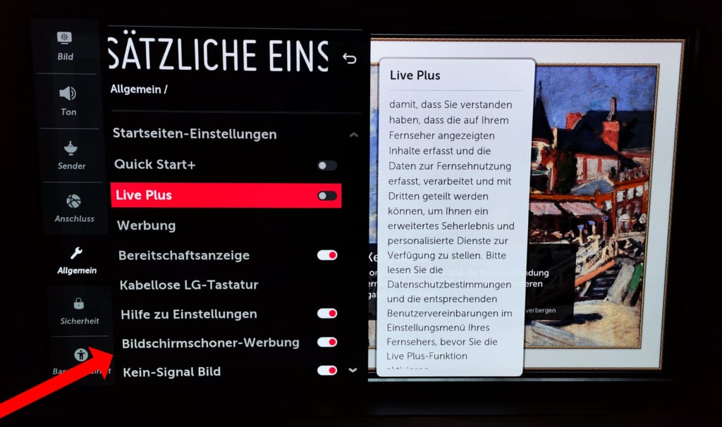 LG gibt dir in den zusätzlichen Einstellungen die Chance, die Werbung auf dem Bildschirmschoner abzuschalten. 