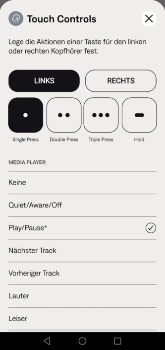 Bose QCE Screenshot – Bedienung