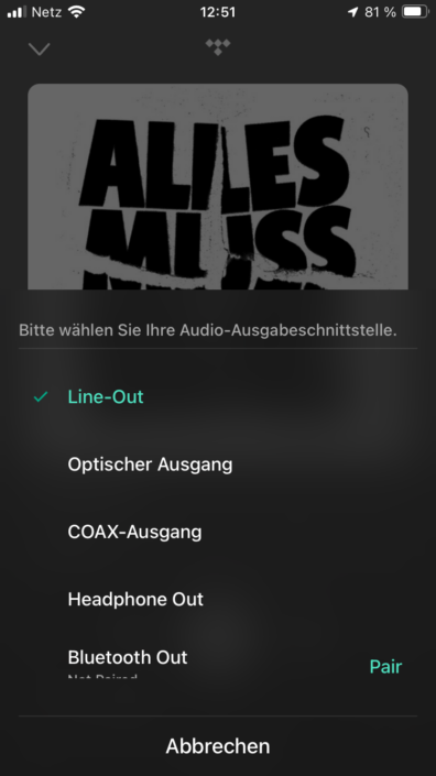 WiiM Ultra App Screenshot Ausgangswahl