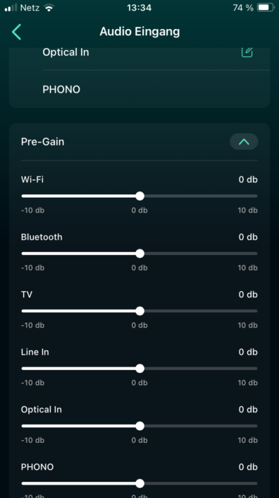 WiiM Ultra App Screenshot Eingangspegel