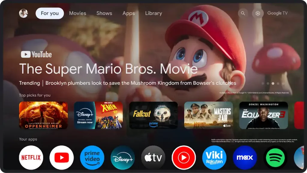 Google TV öffnet die "Nur Apps"-Oberfläche für Empfehlungen / Werbung.