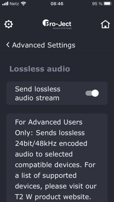 Pro-Ject T2 W App Screenshot Lossless Audio