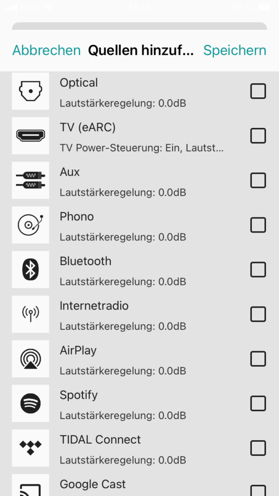 Cambridge Audio Evo One App Screenshot Quellenwahl