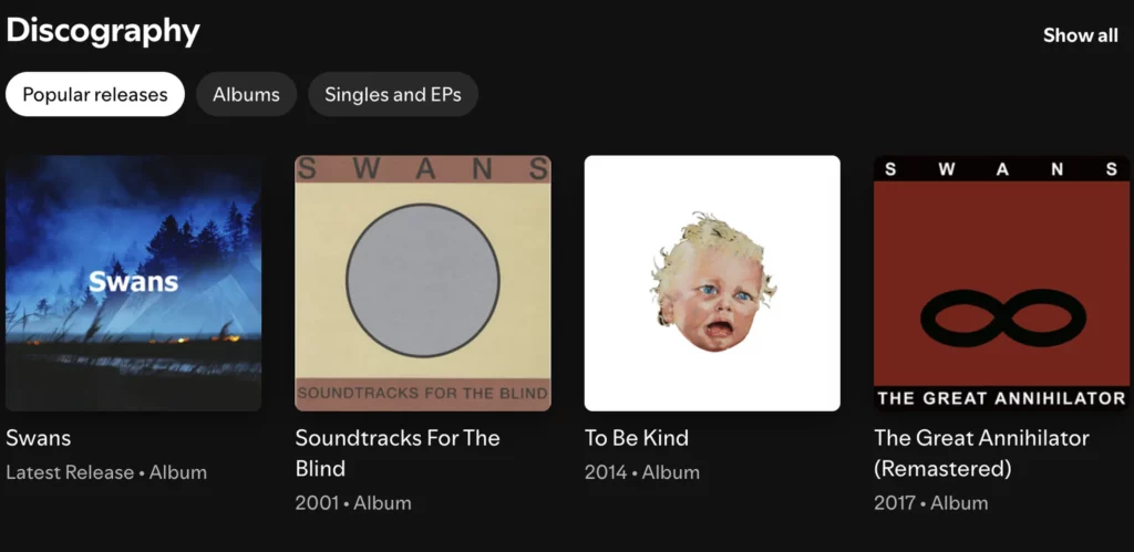 Hier ist das vermeintlich neue Album der Band Swans bei Spotify natürlich ein KI-Fake. 