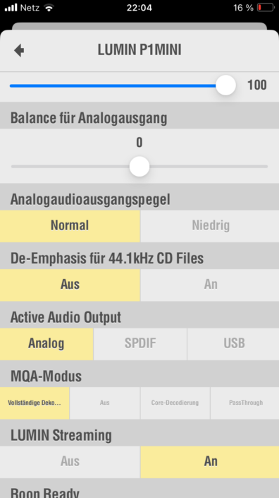 Lumin P1 Mini App Screenshot Audio-Einstellungen