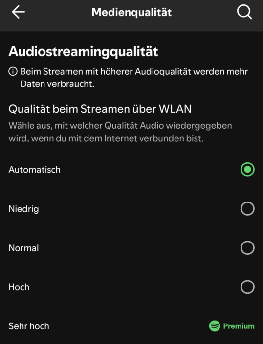 Nutzt du Spotify per Wi-Fi greift der dynamische Modus "Automatisch" für die Qualität.