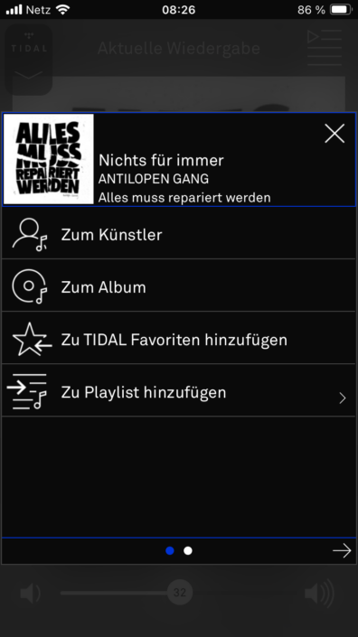 T+A Caruso App Screenshot Optionen Wiedergabe