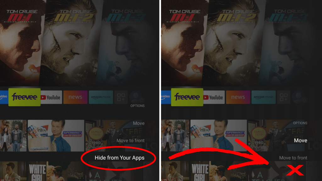 Links die alte Möglichkeit Apps unter Fire TV zu verbergen. Rechts ist das Ganze schon außer Funktion.