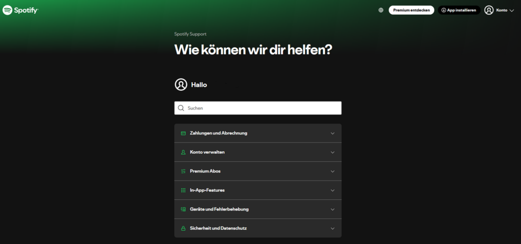 Screenshot FAQ Spotify