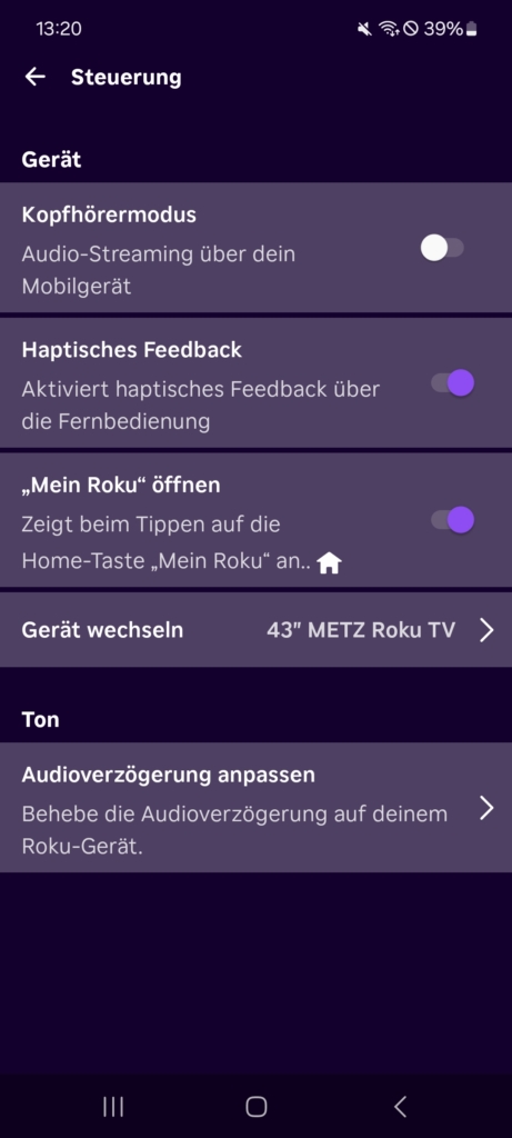 Einstellungen Roku App