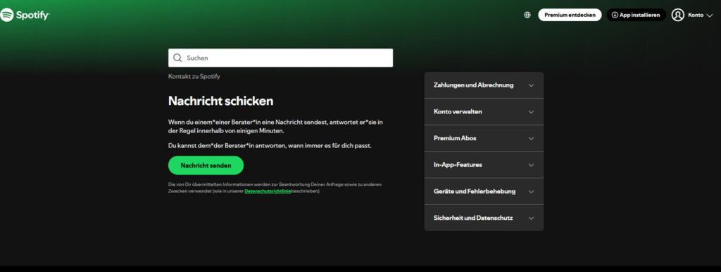 Screenshot Spotify Kontaktseite