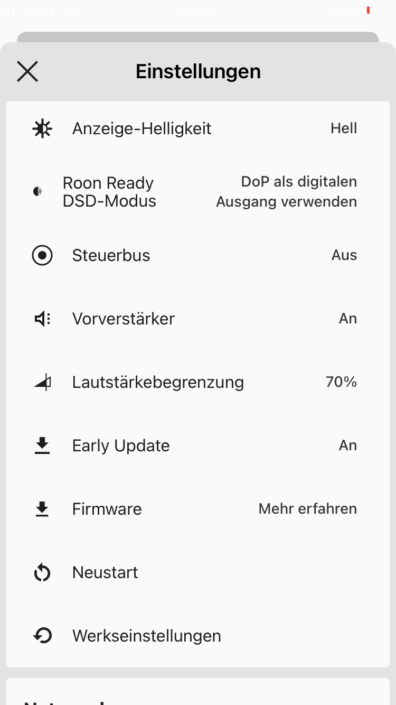Cambridge Audio EXN100 App Screenshot Einstellungen