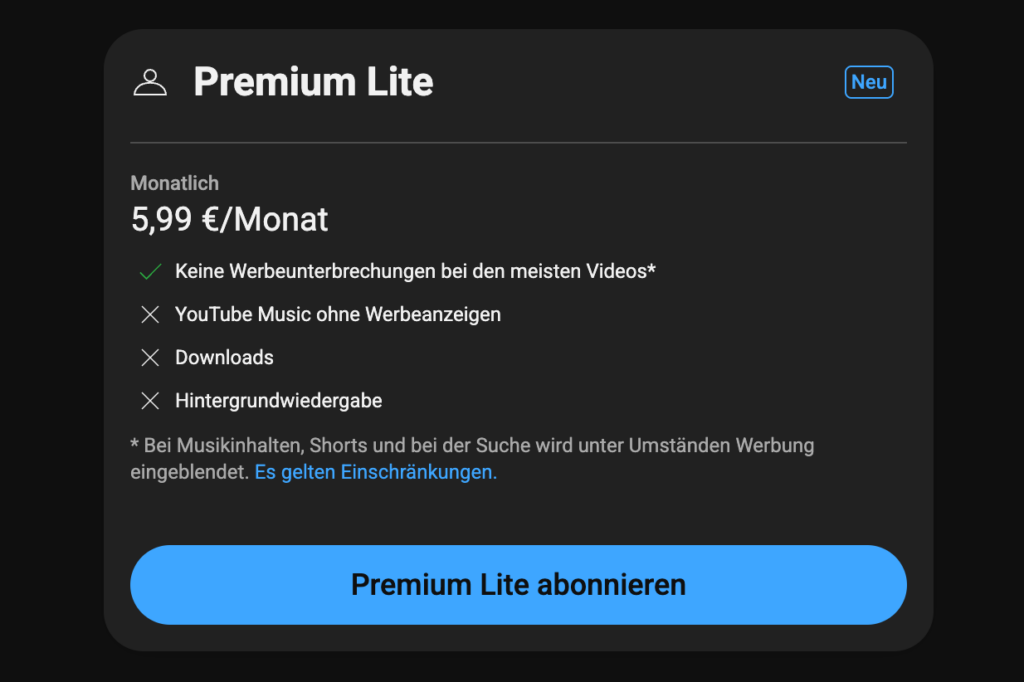 YouTube Premium Lite kostet 5,99 Euro im Monat.