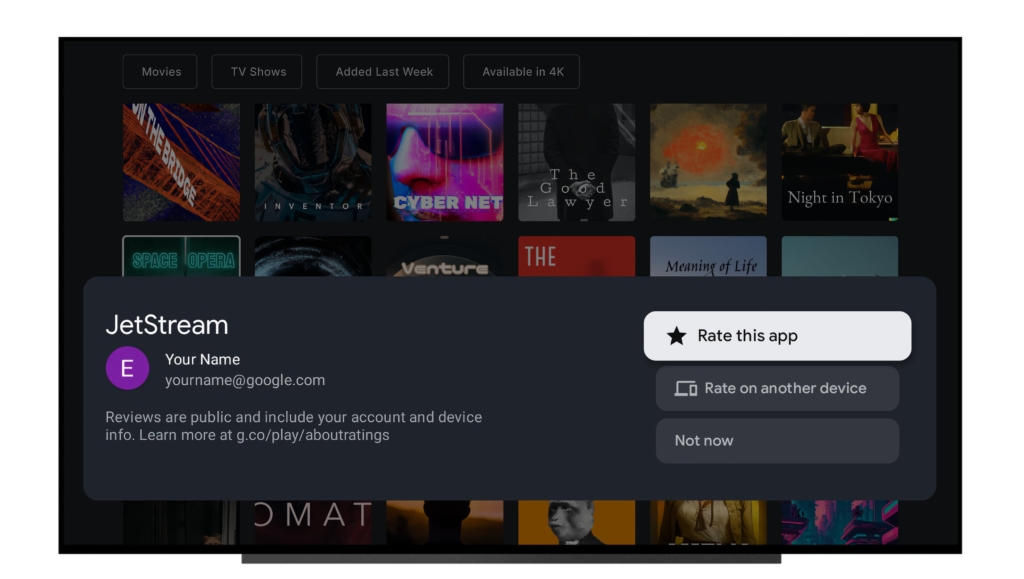 Unter Android TV 16 können sich Apps durch Pop-ups zur Bewertung auffordern. 