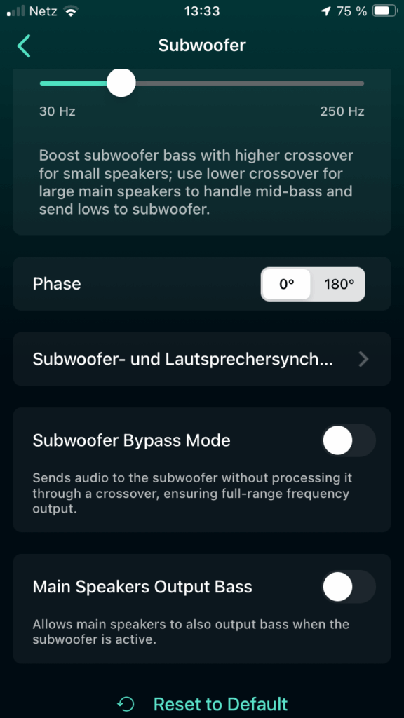 Beste Vorverstärker WiiM Ultra Screenshot App Subwoofer-Einstellungen