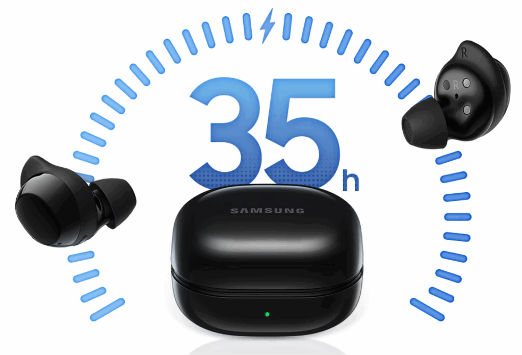 Mit Case erreichen die Samsung Galaxy Buds Core eine Akkulaufzeit von bis zu 35 Stunden.