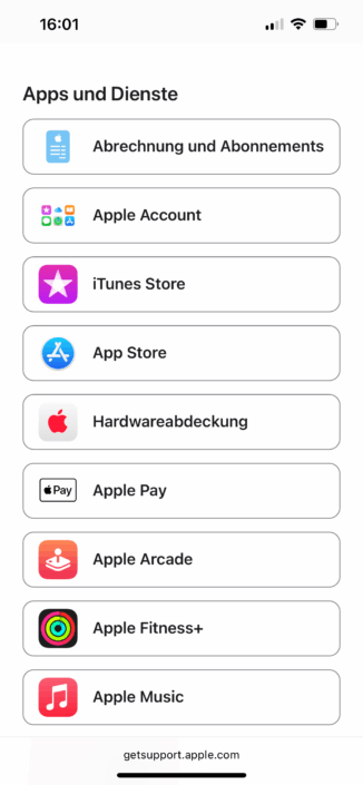Apple Support Themenauswahl