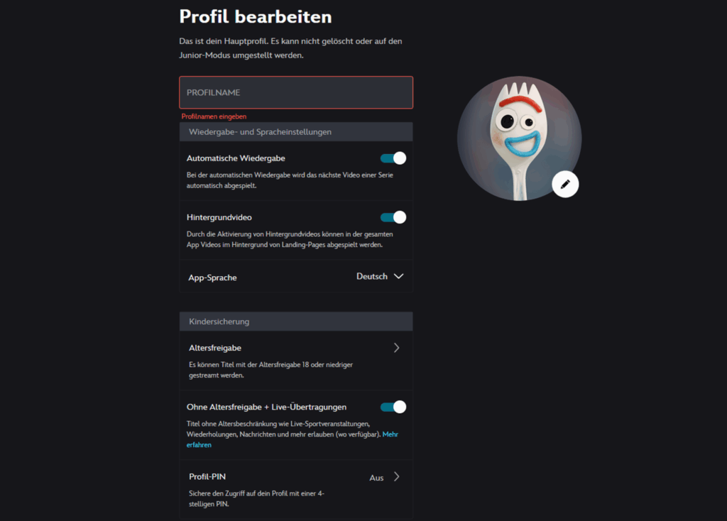 Screenshot von Profil auf Disney+