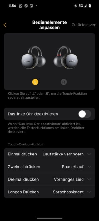 EarFun Clip – Screenshot Bedienung