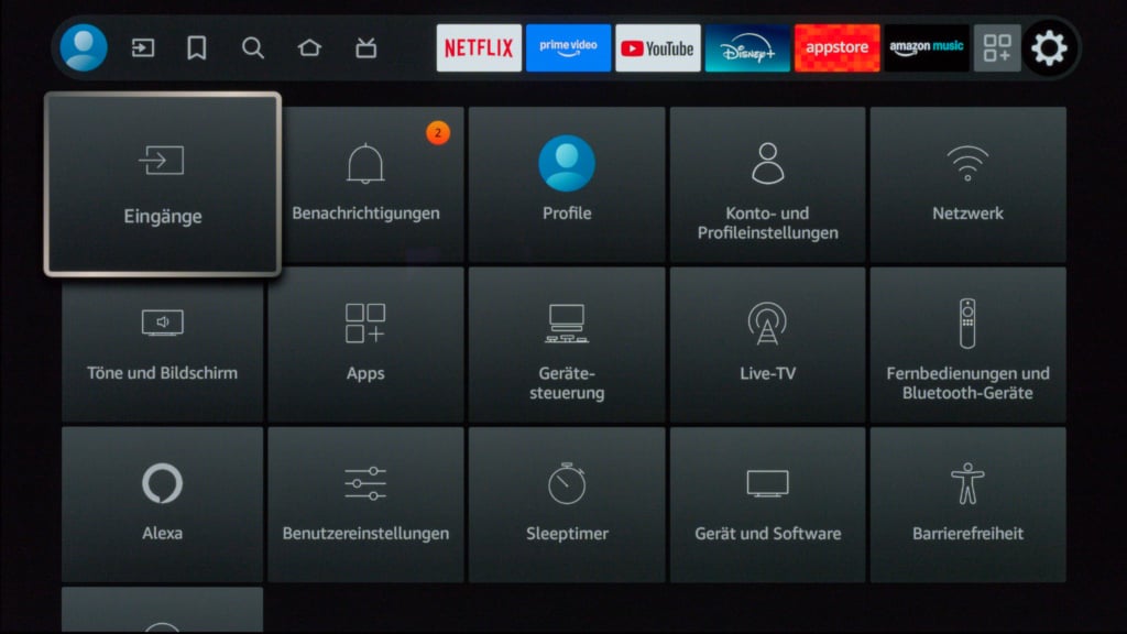 Home Screen für Einstellungen bei Fire TV