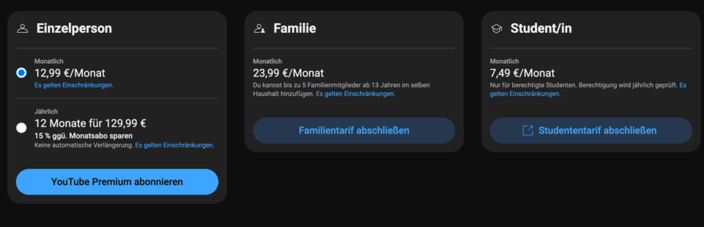 YouTube Premium gibt es in Deutschland in verschiedenen Abo-Optionen.