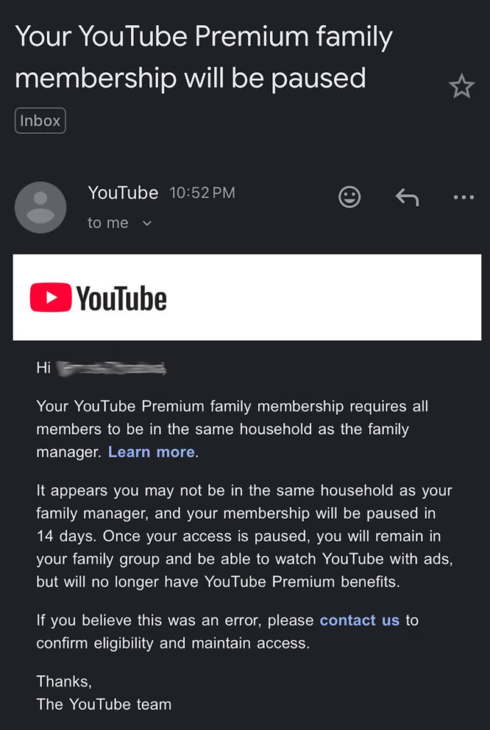 Google schmeißt Familien-Mitglieder bei YouTube Premium raus, die in einem anderen Haushalt leben.