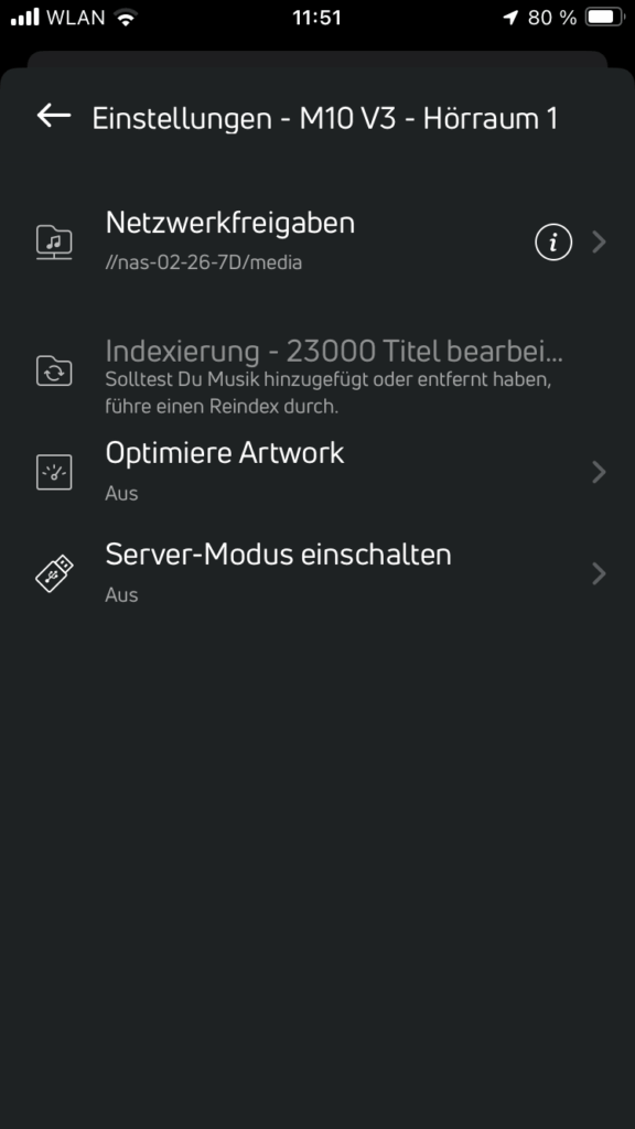 NAD M10 V3 Screenshot BluOS Indexierung