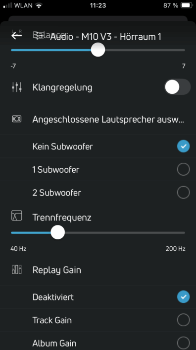 NAD M10 V3 Screenshot Subwoofer Einstellungen